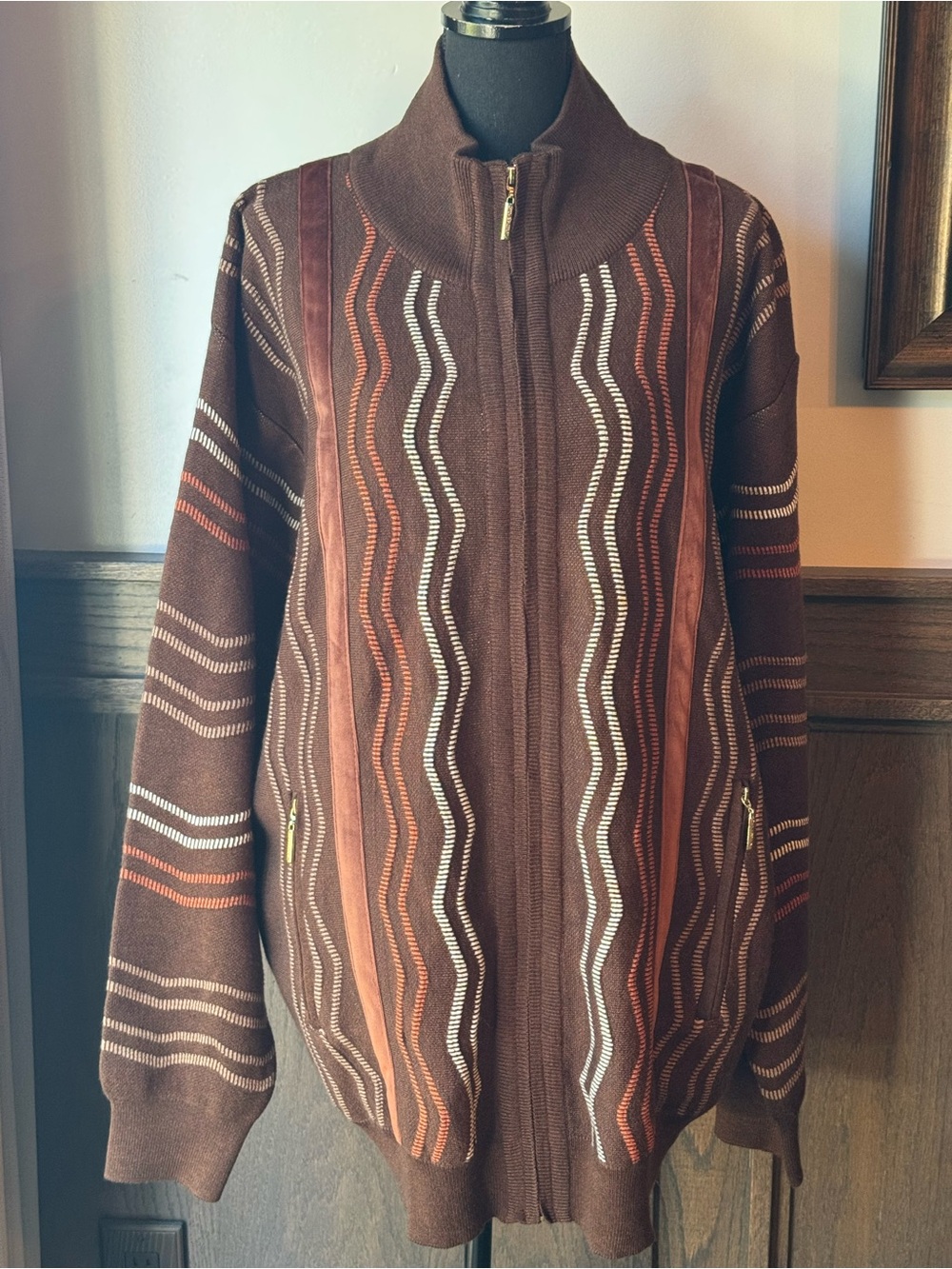 Silversilk Brown Bomber zip up sweater Jacket with Cream & Rust Wavy Stripes 3x